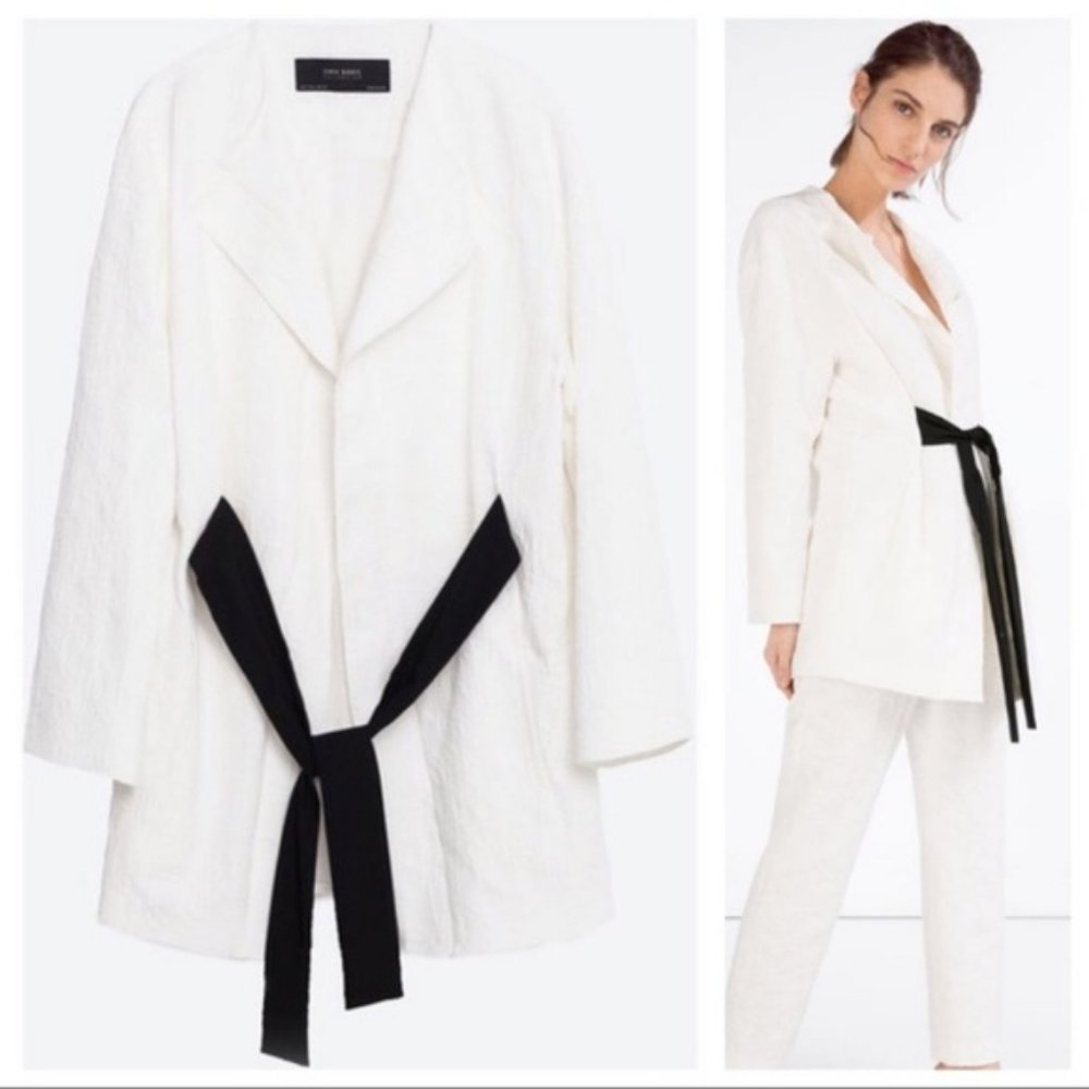 Spanish Fashion Label ZARA White textured Wrap Blazer